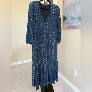 Madewell Womens Silk Tiered Maxi Dress Blue White Print Long Sleeve V Neck 4